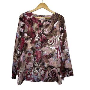 Due Per Due Floral Button Up Sheer Blouse Womens Size 14 Art to Wear Career Boho